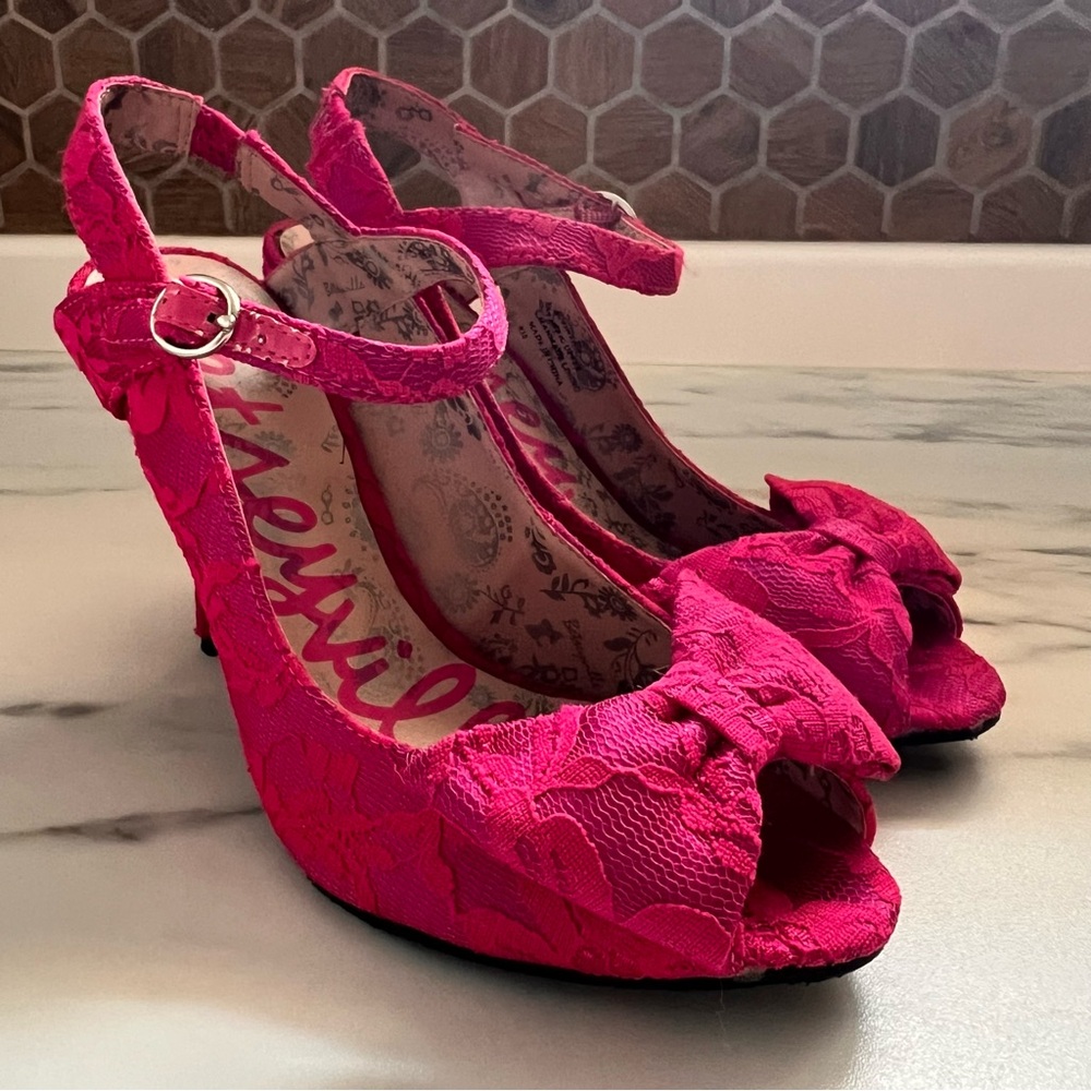 Betseyville Pink Peep-Toe Lace Heels